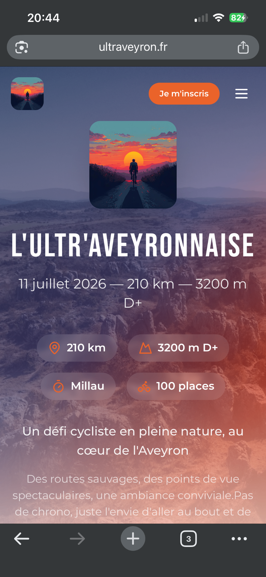 Aperçu du site internet de l’événement cycliste L’Ultr’Aveyronnaise créé par Slowb
