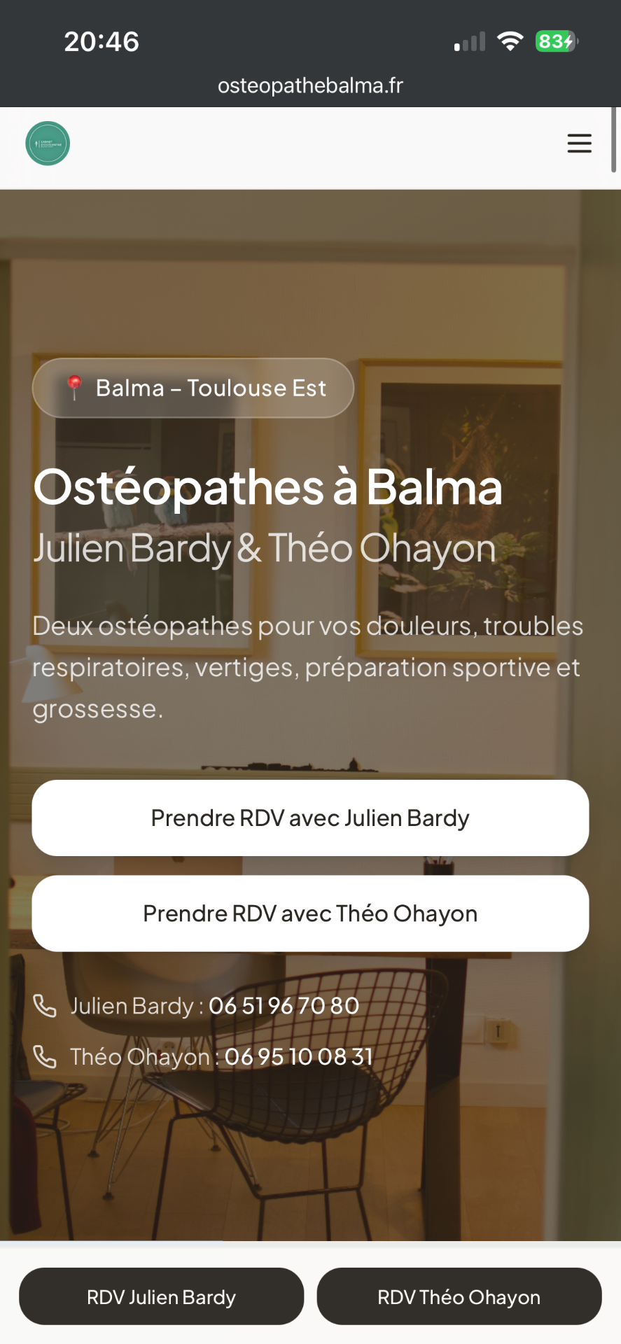 Aperçu du site internet d’un cabinet d’ostéopathie créé par Slowb